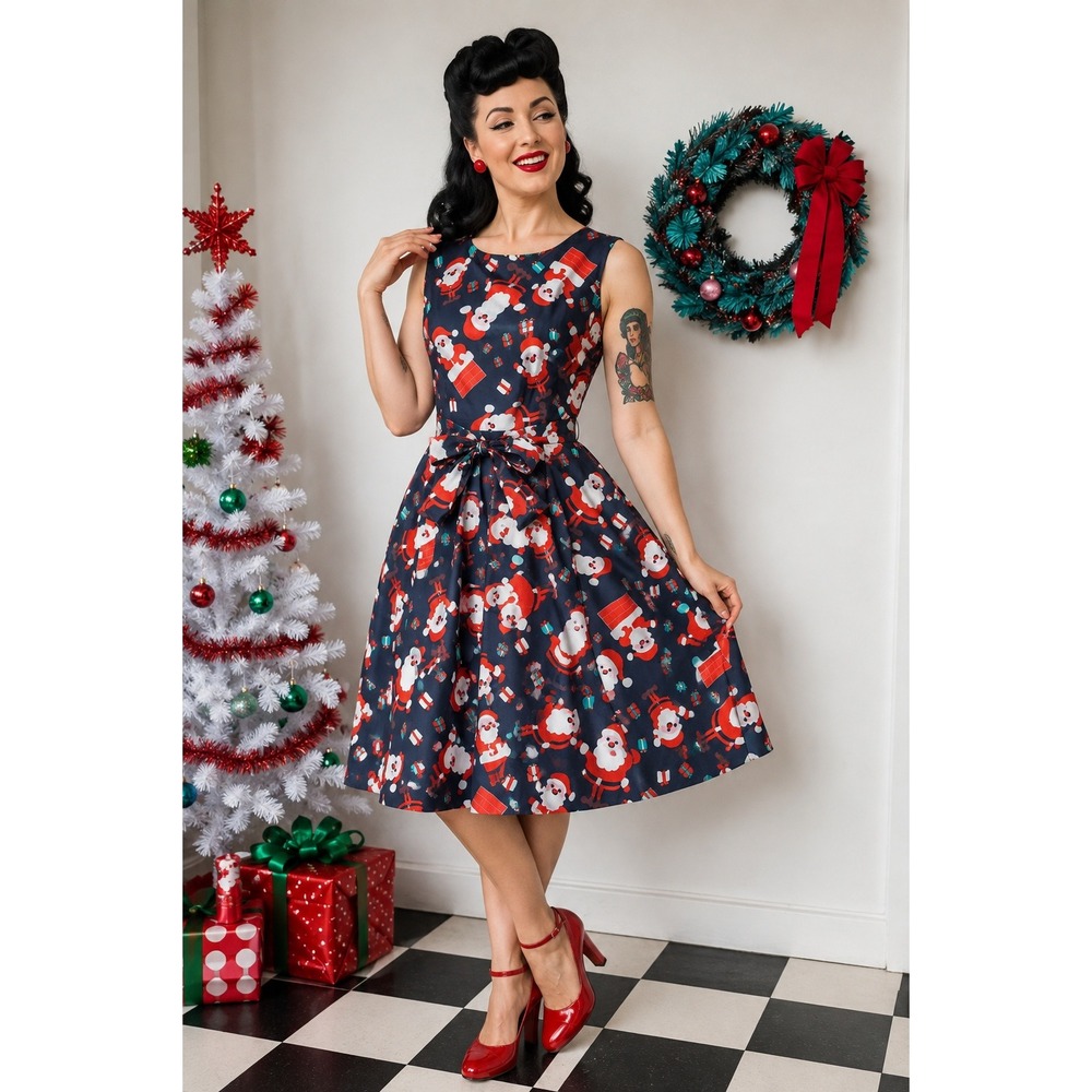 Sucrefas Womens New Medium Retro Belted A-Line Lightweight Dress Santa Christmas
